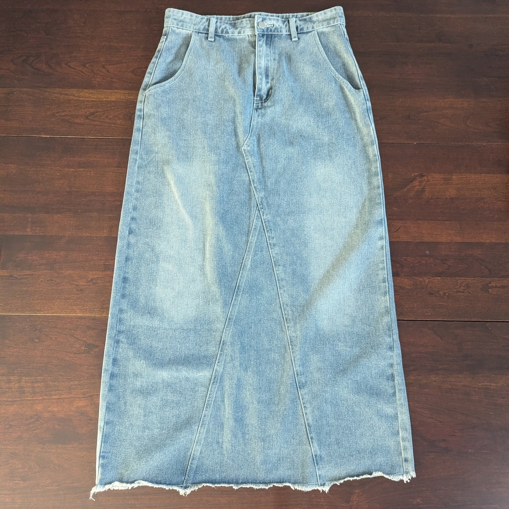 Cider Womens L Denim Maxi Skirt Light Wash Raw Hem Modest Western Boho